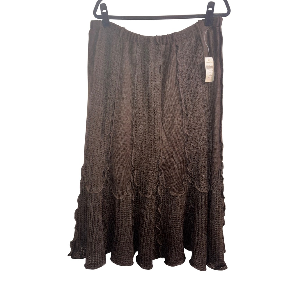 Coldwater Creek Brown Knit Midi Skirt Ruffle Hem Lettuce Edge Boho L NWT
